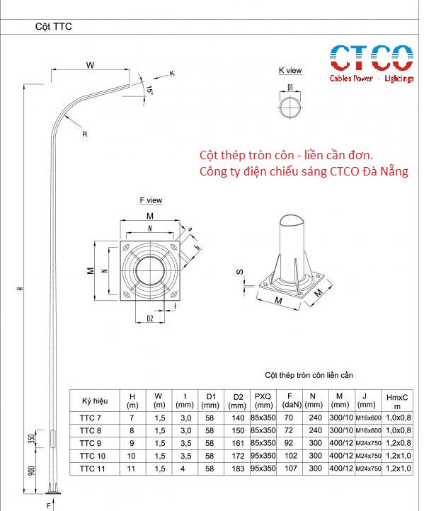 Trụ thép tròn côn liền cần đơn ctco đà nẵng